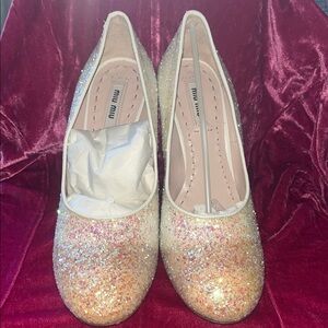 Miu Miu Glitter Round-Toe Block Heel Pumps in Champagne - Prada - MSRP $950